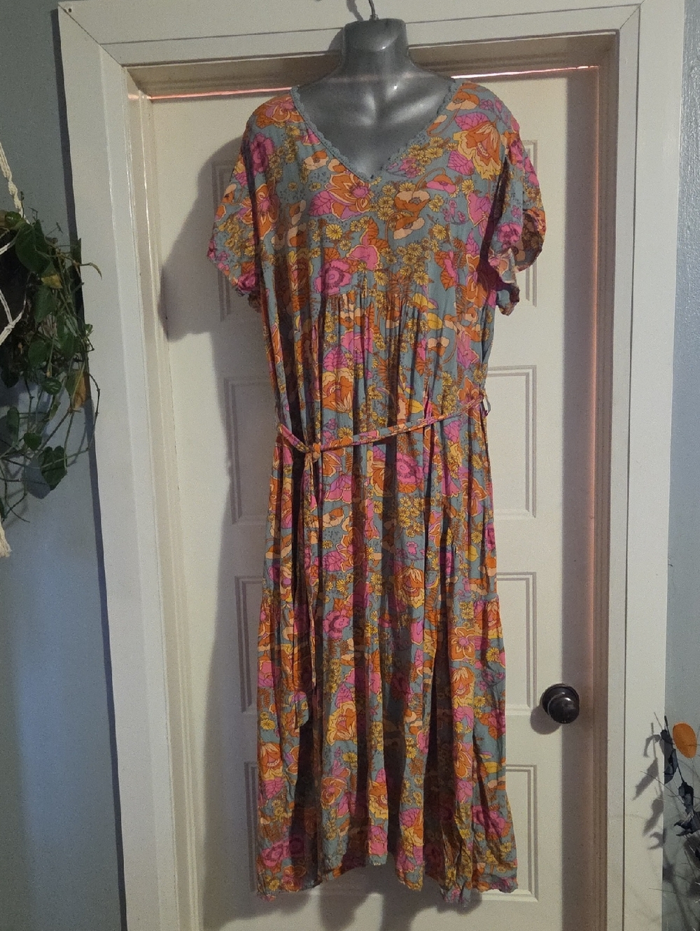 Boho Floral V-Neck Maxi Dress in Gray with Pink & Orange Prints